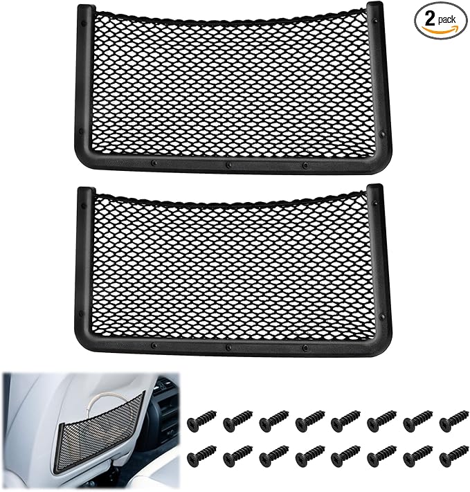 2 PCS Car Net Pocket, ABS Plastic Frame Cargo Net Storage Car Pockets Phone Net, Cars Mesh Nets Pockets with Screws for Auto, RV, Boat, and Camper Storage Nets (15.7 x 7.9 Inch)