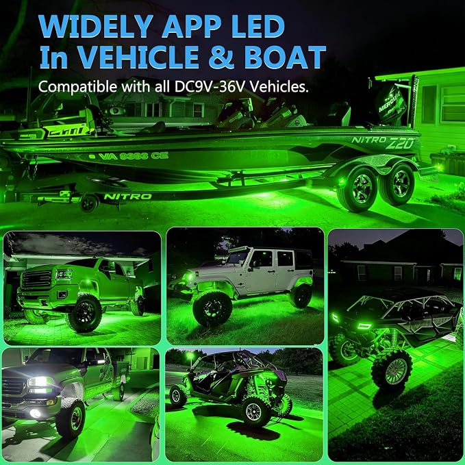 Nicoko 108 High-Power LEDs per Pod 4Pods Pure Green Rock Lights Ultra-Bright Offroad Underglow Kit Advanced Heat Dissipation IP68 Waterproof for Truck, SUV, UTV, ATV, RZR
