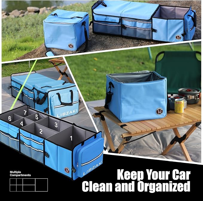 LIBZAKI Oversize 4 in 1 Car Trunk Storage Organizer, Multi Compartment Collapsible Trunk Storage Box with Cooler Bag for Car Truck SUV-Light Blue