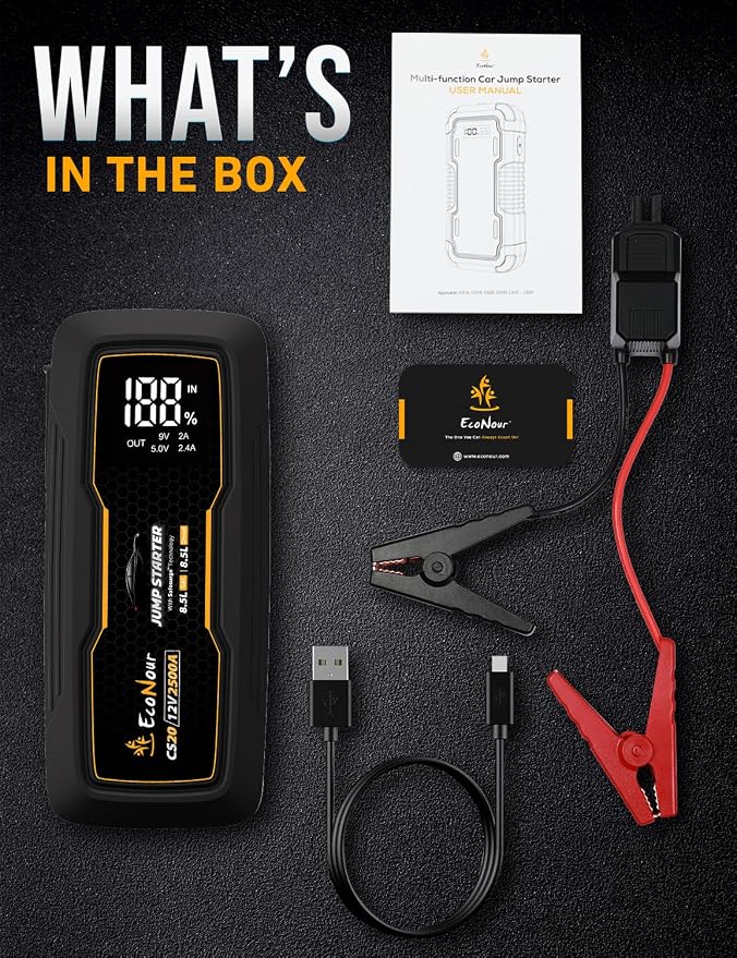 EcoNour 2500A Portable Jump Starter for Car | 12V Lithium Jump Box for 8.5L Gas and 8.5L Diesel Engines | Car Jump Starter - LCD Display, Emergency Flashlight and Jumper Cables