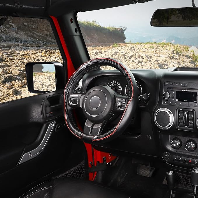 SEG Direct Car Steering Wheel Cover Large-Size for F150 F250 F350 Ram 4Runner Tacoma Tundra Range Rover with 15 1/2"-16" Outer Diameter Leather with Carbon Fiber Pattern Black and Red