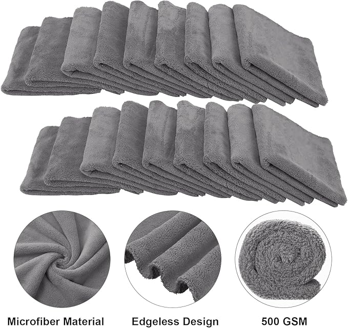 Shimeyao 30 Pcs 16 x 16 Inch Microfiber Towels for Cars, 500 GSM Edgeless Plush Car Detailing Towels, Lint Free Scratch Free Cleaning Cloths for Drying, Washing, Polishing, Waxing, Auto & Home (Gray)