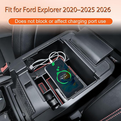2020-2025 2026 Ford Explorer Console Organizer Tray Compatible with 2020+ Explorer Accessories, Easy Access to Charging Port, Armrest Storage Box with Coin Holder & Rubber Mats, Red Trim