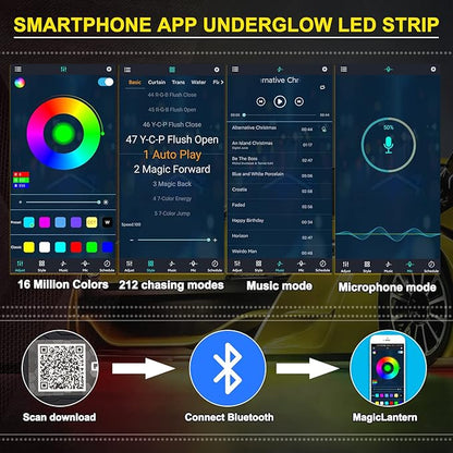 OPP ULITE Car Underglow Light Strip Dream Chasing Color, Upgraded Silicone Material, 212 Modes, 252pcs Led, APP Control Underbody Lights Kit, 90&120CM, 4PC Pack