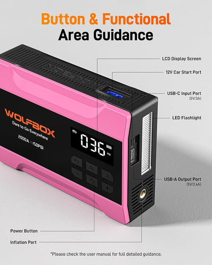 WOLFBOX 2000A Jump Starter with Air Compressor, 37Wh Car Battery Booster Jumper Starter Portable(up to 5L Gas Engine), 12V Jump Box Pack with 150PSI Tire Inflator, Jumper Cables, LED Light — Hot Pink