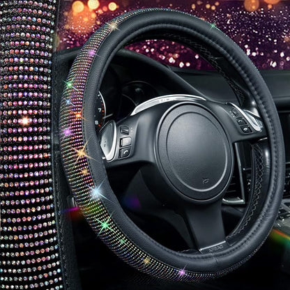 CAR PASS Diamond Leather Steering Wheel Cover, with Bling Crystal Rhinestones Fit Suvs,Vans,Sedans,Cars,Trucks Universal Fit 14.5-15inch Crystal Glitter for Women Sparkle Girl, Multicolor Diamond