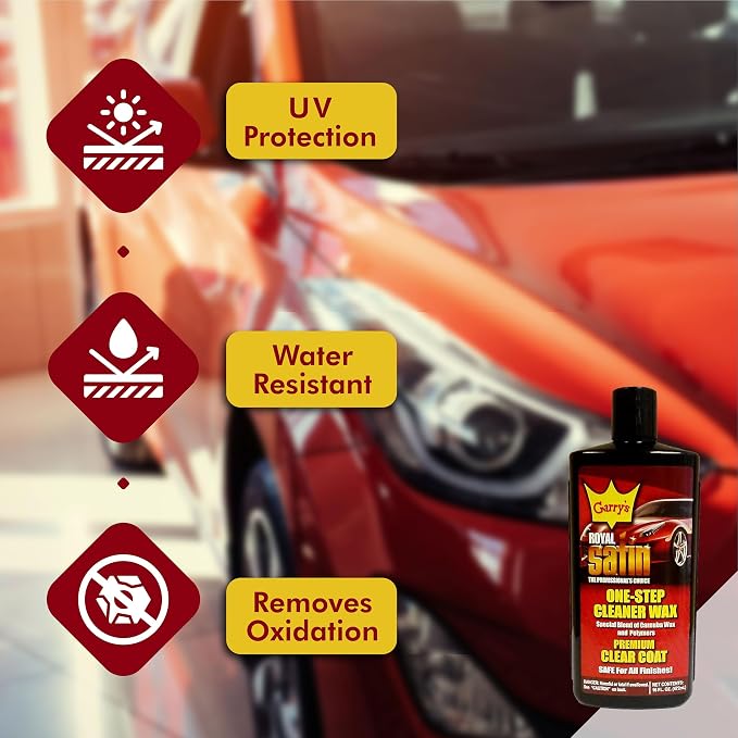 Experience Brilliance and Protection with Garry's Royal Satin One Step Automotive Cleaner Wax - Restores Shine, Removes Oxidation, Carnauba/Hydro-Polymers Formula - 16 Oz Liquid