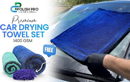 Polish Pro Microfiber Car Drying Towel, Set of 3pcs: X-Large 35"x 24" + Small 16"x16" + Free Wash Mitt, Ultra Absorbent, Microfiber Drying Towel for Cars. 1400GSM.
