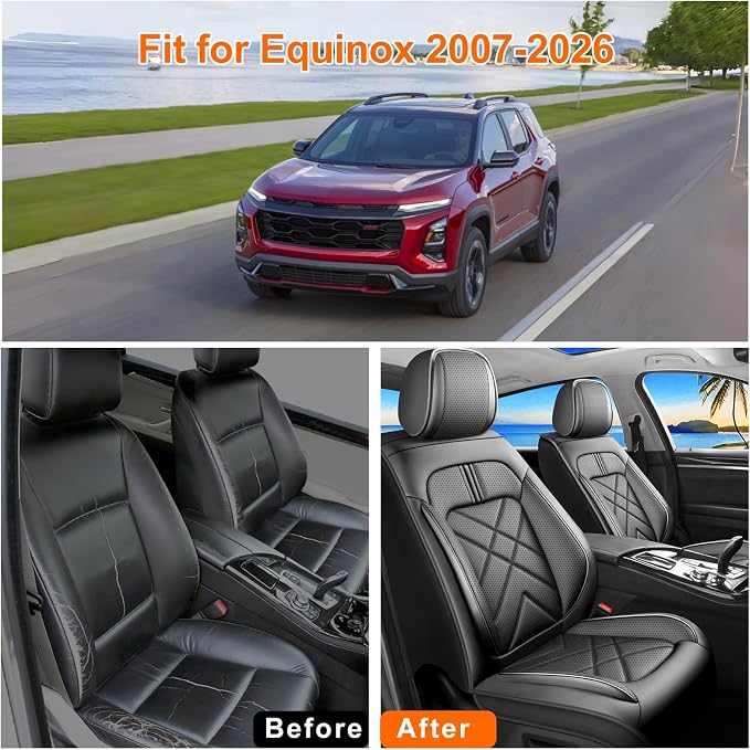 Equinox Car Seat Covers Fit for Chevrolet/Chevy Equinox 2011-2026, Full Coverage Leather Waterproof Breathable Seat Covers, Automotive Seat Protectors, Airbag Compatible, (5 Seats, Black)
