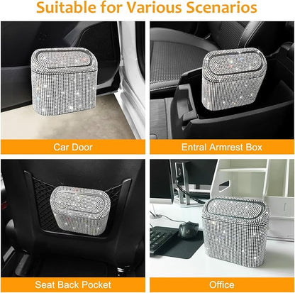 Accmor Bling Car Trash Can with 30pcs Garbage Bags, Vehicle Trash Bin with Lid Auto Dustbin Organizer Garbage Storage, Sparkling Crystal Mini Trash Container Holder