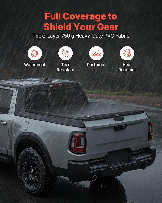 VEVOR Soft Roll-Up Truck Bed Tonneau Cover, Compatible with 2022-2026 Ford Maverick, Fits Styleside 4.5 ft (4 ft 6 in/54 in) Bed, Triple-Layer PVC Tonneau Cover with Three Aluminum Alloy Support Bars