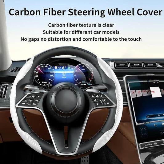 Carbon Fiber Steering Wheel Cover, 2-Piece Set Anti-Skid Comfortable Grip Segmented Butterfly Design, Easy Snap-On Installation Universal Fit 99% Cars, White