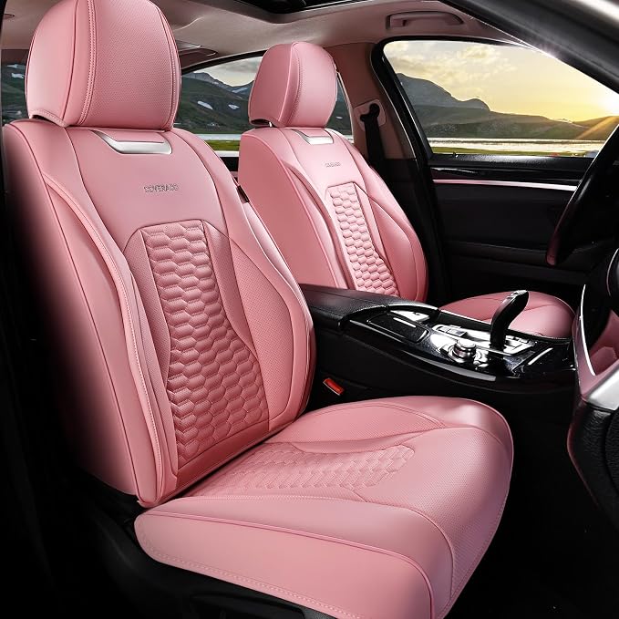 Coverado Front Car Seat Covers, Premium Nappa Leather Waterproof Front Seat Protectors, Universal Automotive Seat Covers Compatible with Most Vehicles (Pink)