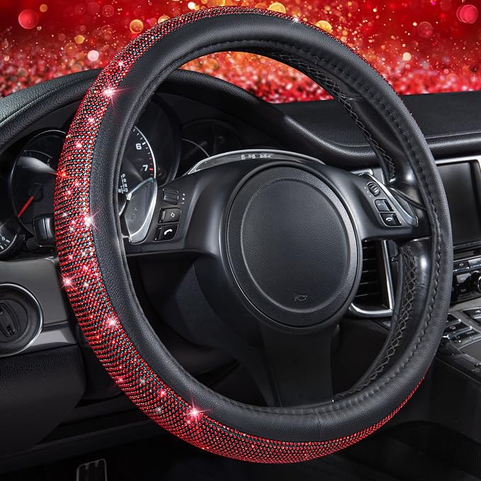 CAR PASS Red Diamond Black Leather Steering Wheel Cover, with Bling Crystal Rhinestones Universal Fit 14" 1/2-15" Crystal Glitter for Women Sparkle Girl Fit Suvs,Vans,Sedans,Cars,Trucks, Red Diamond