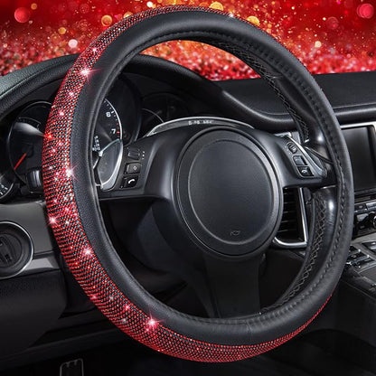 CAR PASS Red Diamond Black Leather Steering Wheel Cover, with Bling Crystal Rhinestones Universal Fit 14" 1/2-15" Crystal Glitter for Women Sparkle Girl Fit Suvs,Vans,Sedans,Cars,Trucks, Red Diamond