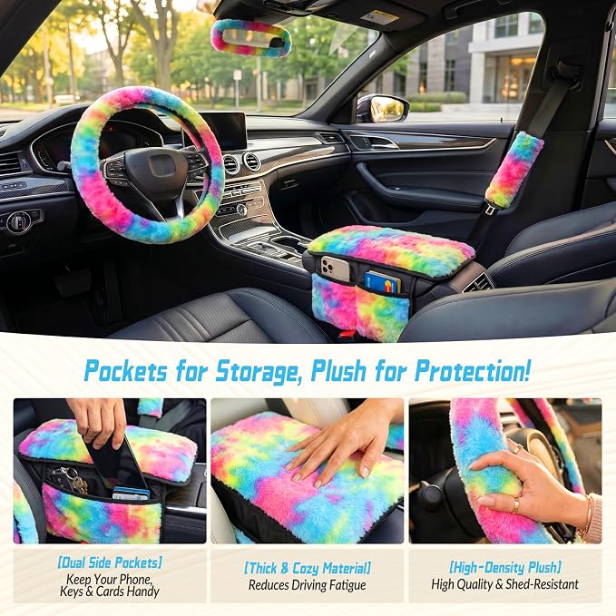 5 Pcs Fuzzy Tie Dye Rainbow Car Accessories Set, Soft Fluffy Plush Steering Wheel Cover, Center Console Armrest Pad & Rearview Mirror Cover - Interior Decorations for Women,Universal Fit (Candy)