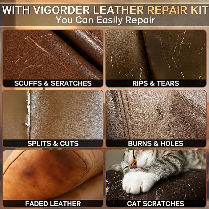 Vigorder Brown Leather Repair Kit for Furniture, Leather Couch Repair Kit for Furniture, Sofa, Jacket, Purse – Super Easy Instructions to Fix Scratches, Tears, Holes, and Peeling