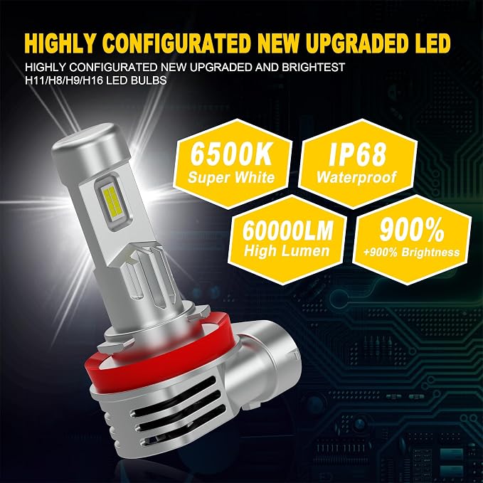Latest H11 Light Bulbs,Upgraded 900% Super Bright with Fan Cooling,60000LM Brightness, Real 1:1 Halogen Size,Plug and Play 10-Year Lifespan, H8/H9/H16/ Fog Light Bulbs, Pack of 2