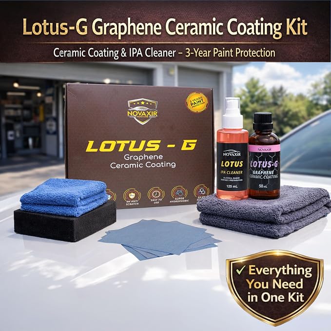 Lotus-G Graphene Ceramic Coating Kit Ceramic Coating & IPA Cleaner 3-Year Paint Protection, 9H Hardness, High Gloss, UV Shield, Super Hydrophobic Car Detailing Set with Towels & Pads, 50ml