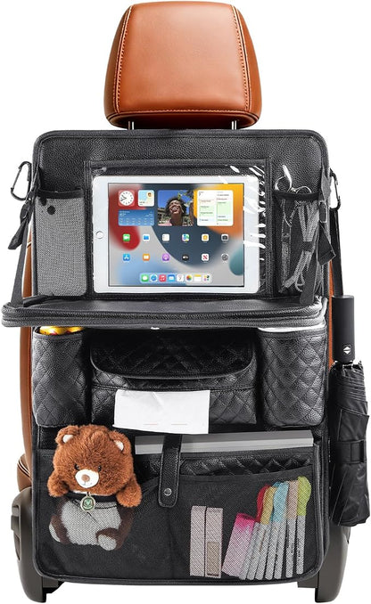 Car Seat Organizer with Foldable Table Tray - 11 Storage Pockets PU Leather Backseat Organizer with Tablet Holder, Seat Back Protector Kick Mat for Kids Family Road Trip Accessories (Black)