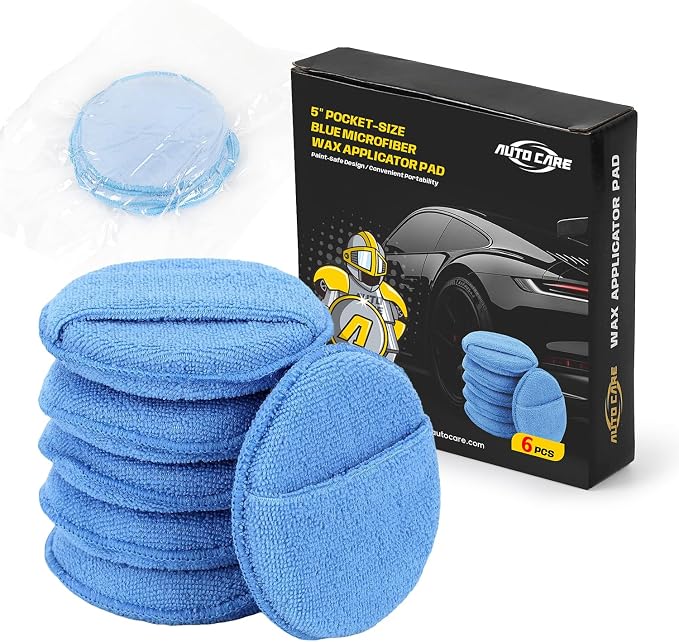 Auto Care Microfiber Wax Applicator Pads with Finger Pocket, Blue, Ultra-Soft 70/30 Blend, 5 Inch Diameter, 6 Pack, for Cars, Trucks, Motorcycles