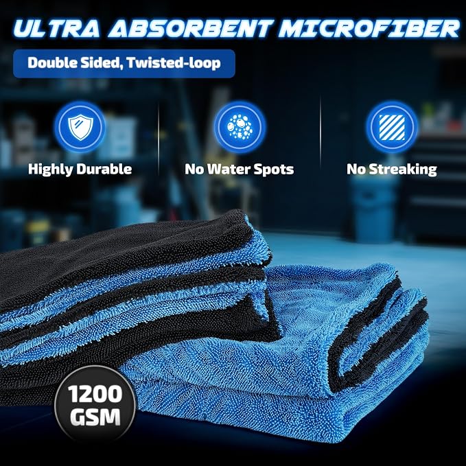 SMINDER 2-Pack 1200 GSM Car Drying Towels – Microfiber Towels for Cars (36" x 24"), Ultra-Absorbent, Streak-Free, Scratch-Free, No Water Spots, Double-Twist Pile & Edgeless Design(Blue)