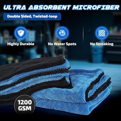 SMINDER 2-Pack 1200 GSM Car Drying Towels – Microfiber Towels for Cars (36" x 24"), Ultra-Absorbent, Streak-Free, Scratch-Free, No Water Spots, Double-Twist Pile & Edgeless Design(Blue)