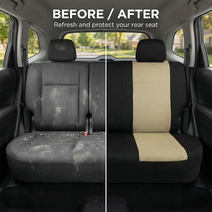 FH Group Automotive Rear Car Seat Covers for SUV, Trucks, Sedan and More - Universal Fit Rear Solid Bench Design Interior Accessories - 3D Mesh Fabric Center Panel - Beige