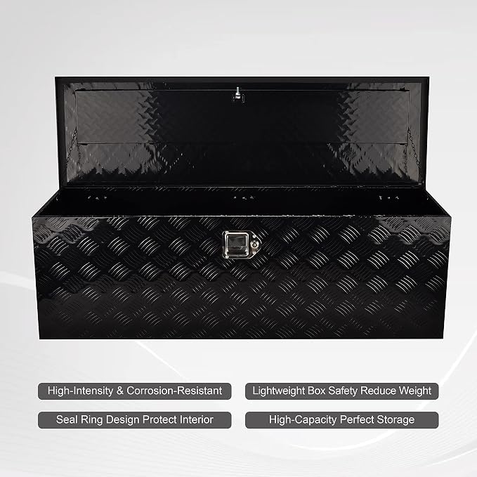 48 Inch Aluminum Heavy Duty Truck Bed Tool Box Truck Car Outdoor Trailer Pickup Underbody Toolbox, RV Storage Organizer W/Lock & Keys, 5 Bar Tread, Black (48"X15"X15")