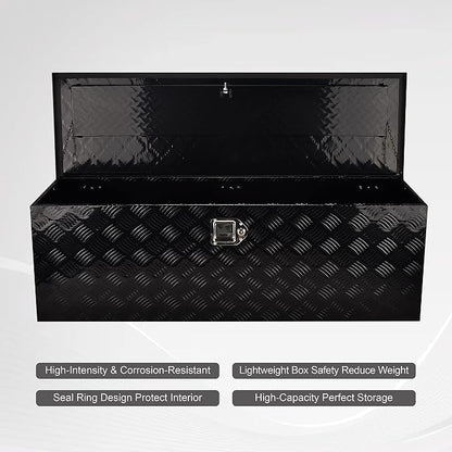 48 Inch Aluminum Heavy Duty Truck Bed Tool Box Truck Car Outdoor Trailer Pickup Underbody Toolbox, RV Storage Organizer W/Lock & Keys, 5 Bar Tread, Black (48"X15"X15")