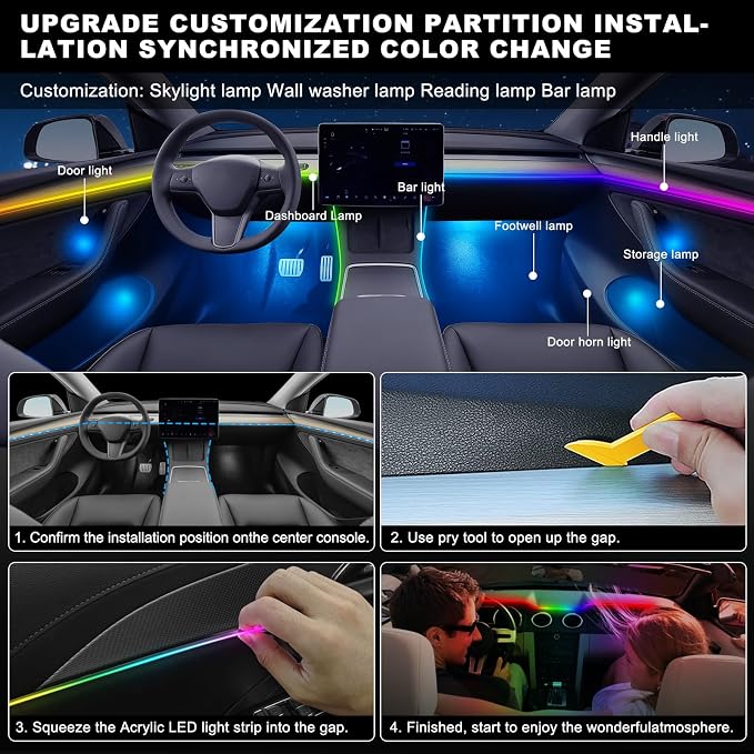 Dreamcolor Acrylic Interior Car LED Strip Light, 55.1 inches Fiber Optic Ambient Lighting Kits, 16 Million Colors Sound Active Function Neon LED Strip for Car