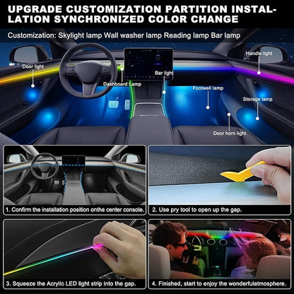 Dreamcolor Acrylic Interior Car LED Strip Light, 55.1 inches Fiber Optic Ambient Lighting Kits, 16 Million Colors Sound Active Function Neon LED Strip for Car