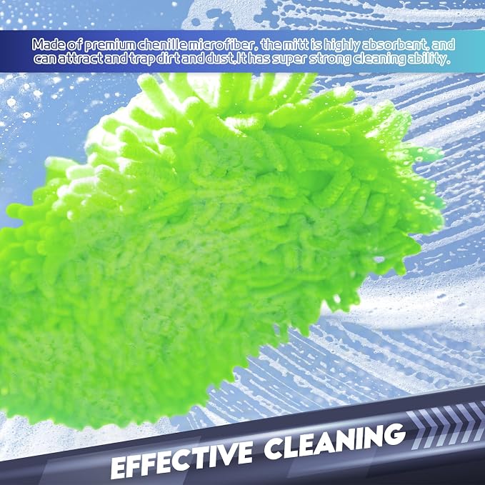 Wuyaoyao 2PCS Car Wash Mitt, 10.14"×7.12" Chenille Microfiber Car Wash Mitts, Scratch-Free & Lint-Free, Absorbent Double Sided Clean Glove for Cars Cleaning, Auto Cleaning Supplies (Fluorescent Green)