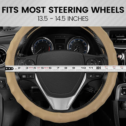 BDK Genuine Beige Leather Steering Wheel Cover for Car, Small 13.5-14 inch – Ergonomic Comfort Grip for Men & Women, Car Steering Wheel Cover for Vehicles with Small Steering Wheel