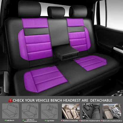 CAR PASS Memory Foam Seat Covers Full Sets, Airy Cool Mesh Thick Car Seat Covers Women, Leather Car Seat Covers 5 Seats Airbag Compatible, Universal Automotive Comfort for Cars, Trucks, SUV, Purple