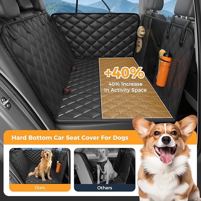 Dog Car Seat Cover for Back Seat, Hard Bottom Back Seat Extender for Dogs - Supports 400lbs, Scratch Resistant, Anti Slip Portable Dog Hammock, Suitable for F150, SUVs and Trucks Black