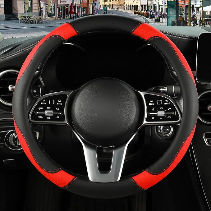 Microfiber Leather Steering Wheel Cover Large Size for Ford F150 F250 F350 RAM 4Runner Tacoma Tundra Armada Model S Model X, Breathable, Anti Slip, 15.5 inch to 16 inch, Black with Red