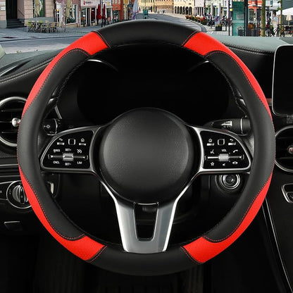 Microfiber Leather Steering Wheel Cover Large Size for Ford F150 F250 F350 RAM 4Runner Tacoma Tundra Armada Model S Model X, Breathable, Anti Slip, 15.5 inch to 16 inch, Black with Red