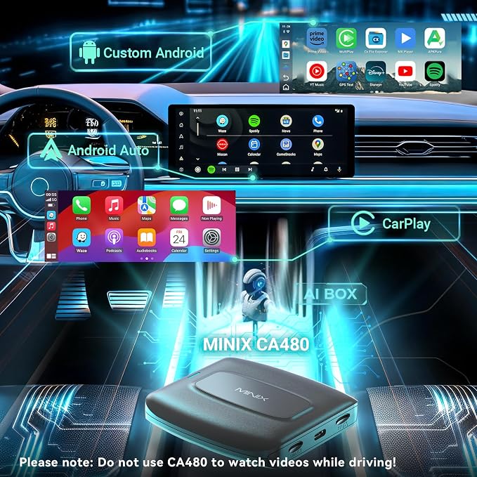 MINIX CarPlay Android AI Box 8 Core 8G+128G for Only Wired CarPlay Touchscreen Cars to Wireless Carplay&Wireless Android Auto for YouTube Netflix Google Store Support SIM&TF Card