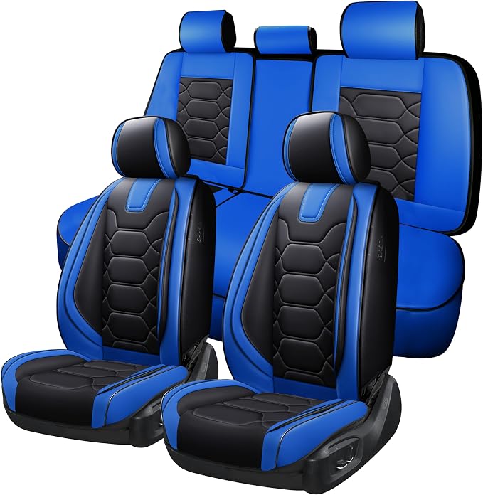 OASIS AUTO Car Seat Covers Full Set, Sporty Faux Leather with Honeycomb Pattern, Waterproof Universal Fit for SUV, Sedan, Pick-up Truck, Automotive Interior Accessories (OS-004 Black&Blue)
