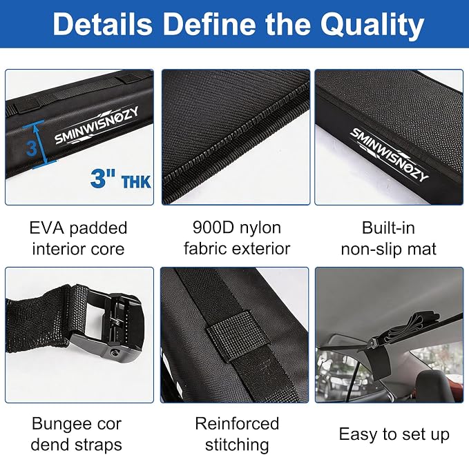 Universal Soft Roof Rack Pads with Two 16 FT Tie-Down Straps, Bow & Stern Ropes, Quick Loops & Storage Bag–Car Roof Rack for Kayak, Surfboard, SUP, Canoe–Fits Cars, SUVs, Sedans & Hatchbacks(1 Pair)