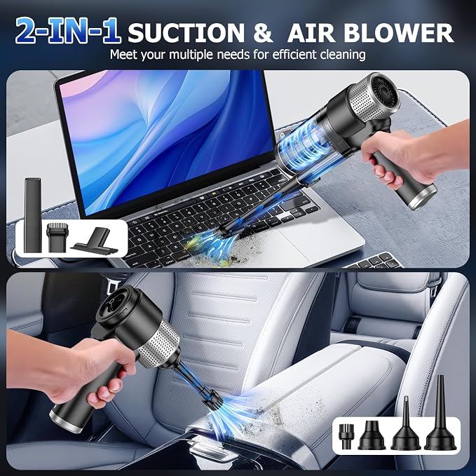 JONYJ Handheld Car Vacuum Cleaner Cordless, 16000PA Hand Held Vacuum Portable, 2 in 1 Air Duster and Mini Vacuum Cleaner Rechargeable with LED, Multi-Nozzles & Washable Filters for Home Office Car Pet
