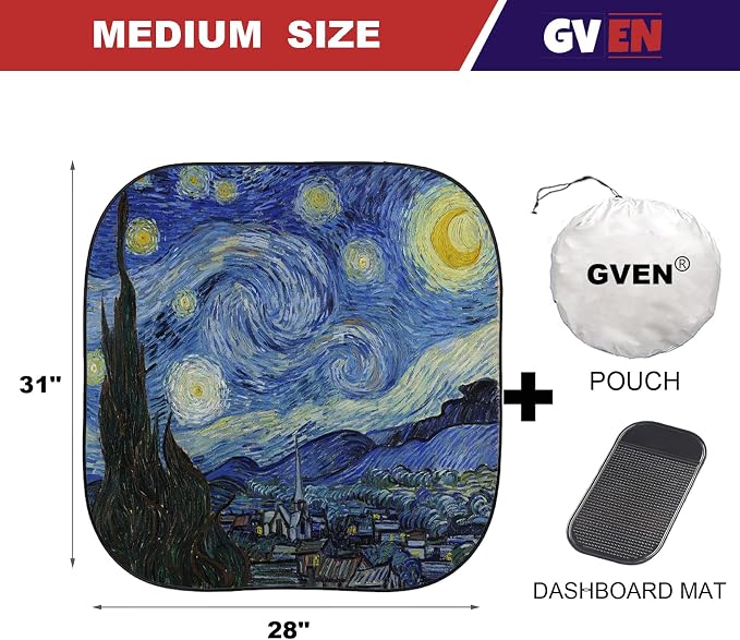 Gven Windshield Sun Shade for Car 2-Piece Foldable Sunshade for Front Windows, Blocks UV Rays, Automotive Interior Sun Protection Car Summer Accessories（Starry Night,M）