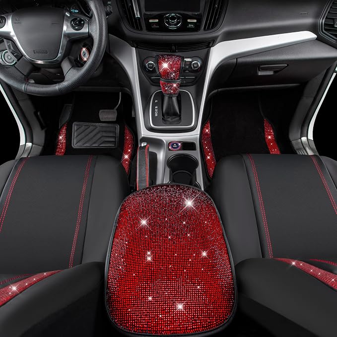 CAR PASS Rhinestone Red Bling Diamond Car Seat Covers Leather Black & Shining Car Floor mats Carpet with Anti-Slip Nibs& Bling Diamond Car Accessories Sets Glitter Sparkly Universal fit for 95% car