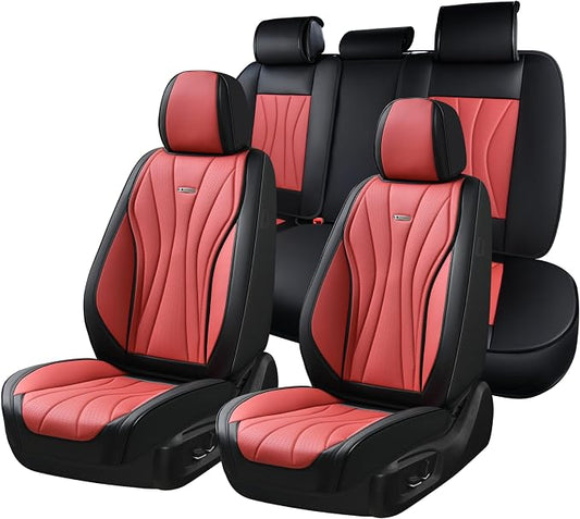 Coverado Seat Covers Full Set, Leather Car Seat Covers, Waterproof Seat Covers for Cars, Front and Back Seat Covers, Car Seat Protectors Car Seat Cushions Universal Fit for Most Cars, Black&Red