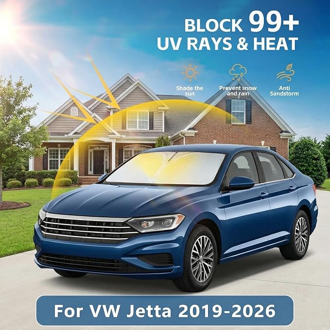 Windshield Sun Shade for Volkswagen/VW Jetta 2019-2024 2025 2026 Front Window Shade Custom Fit Jetta Accessories Sun Visor Foldable Shade Blocks UV Rays Summer Must Have Car Accessories
