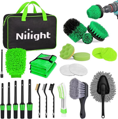 Nilight 27PCS Car Detailing Kit Auto Cleaning Tools Wash Set with Storage Carry Bag Home Use for Interior Exterior Deep Clean Polish Car Care Windshield Dashboard Seat Air Vents Wheels Tires, Green