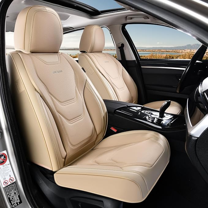 Coverado Car Seat Covers Full Sets, 5 Piece Car Seat Protector Waterproof Leather Seat Cushion Universal Fit for Truck Automotive Vehicles Beige