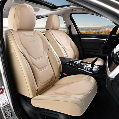 Coverado Car Seat Covers Full Sets, 5 Piece Car Seat Protector Waterproof Leather Seat Cushion Universal Fit for Truck Automotive Vehicles Beige