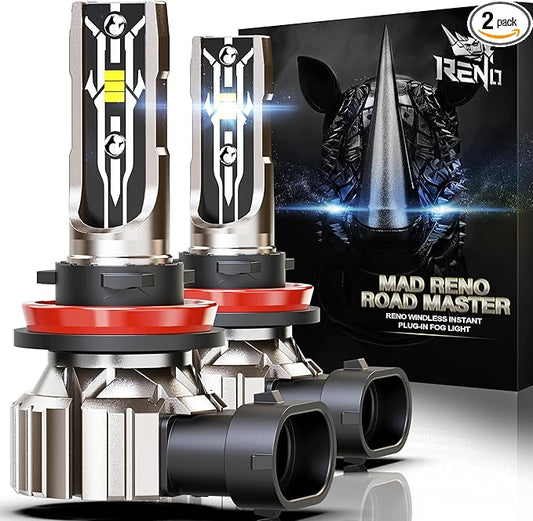 RENO H11 Bulb, H11 Fog Lights 6500K White Fanless In Line H9 H8 Fog Bulbs Plug and Play, Pack of 2